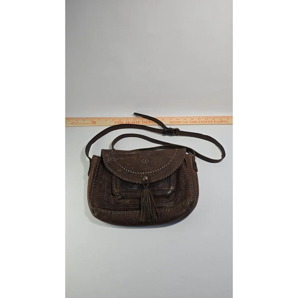 Patricia Nash Brown Leather Studded Shoulder Handbag Purse Hippie With Tassel